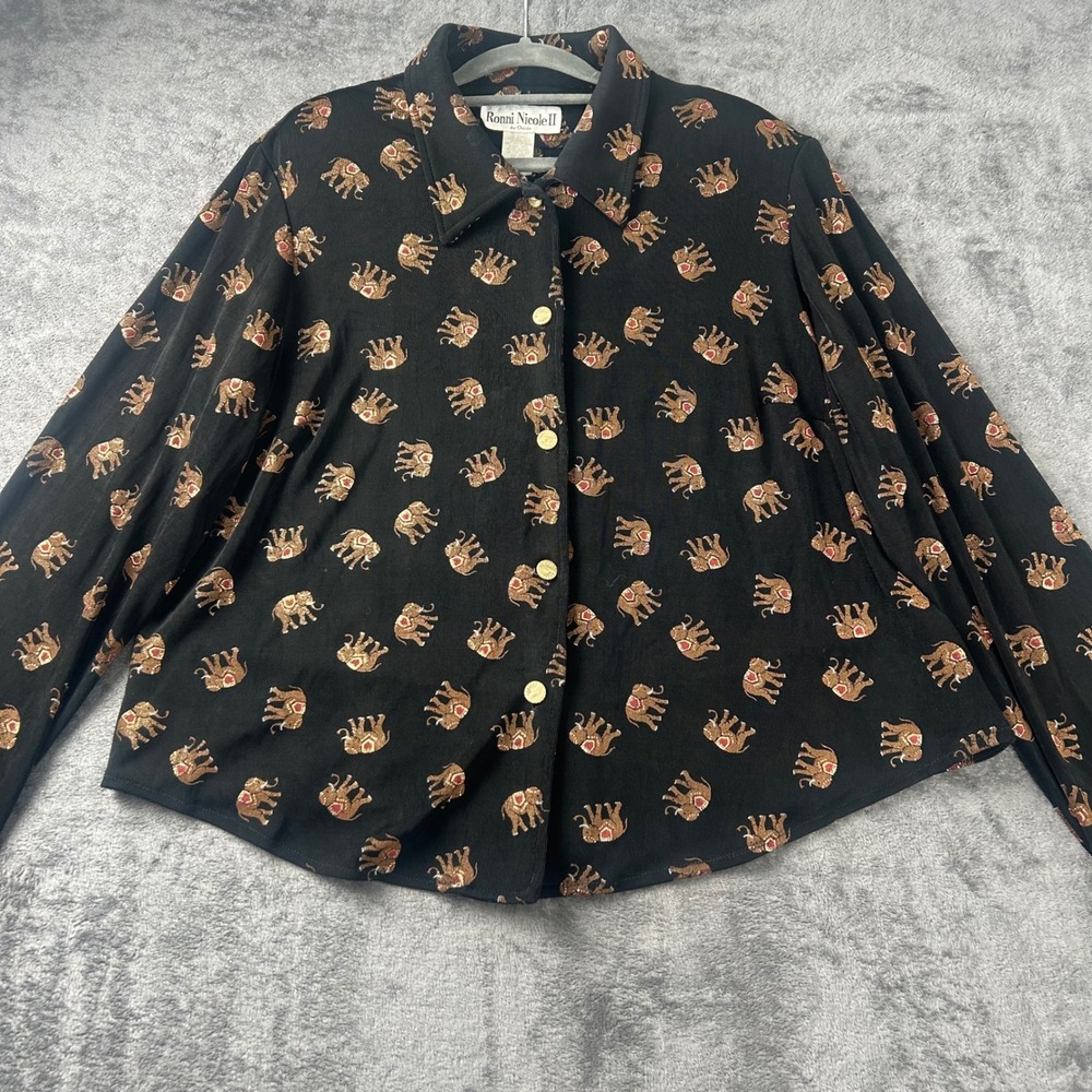 Ronni Nicole II Elephant Print Button Up Blouse Black Gold Sunburst Buttons 16W